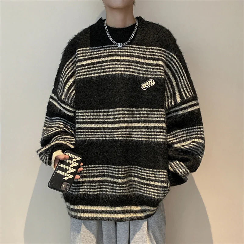 Striped Minimalist Long-Sleeved Knitted Couple Sweater